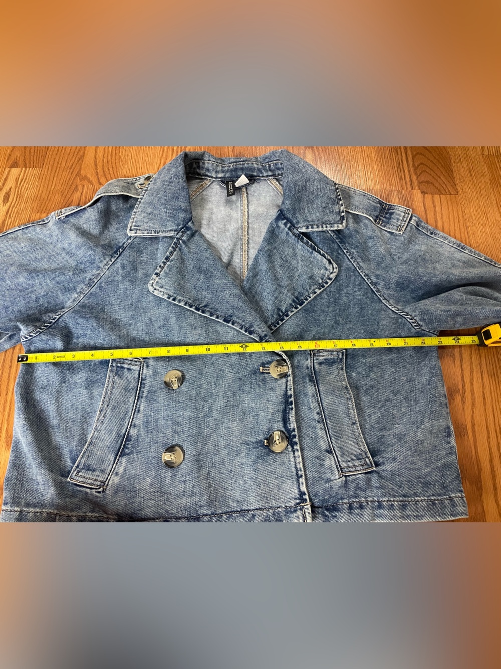 H&M Denim Cropped Trench Jacket Size S (Fits M) Double Breasted - Picture 9 of 10